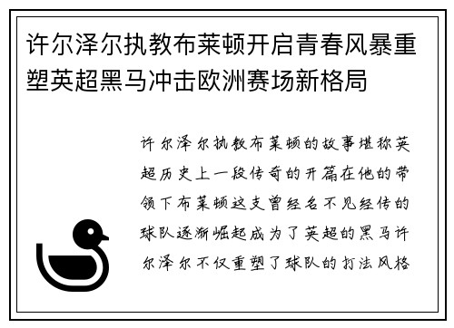 许尔泽尔执教布莱顿开启青春风暴重塑英超黑马冲击欧洲赛场新格局